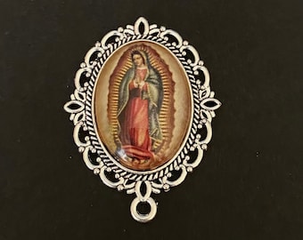 Our Lady of Guadalupe Large Rosary Centerpiece Silver Tone Style Connector 1 1/4 inch Virgin Mary Chaplet Center Piece Jewelry