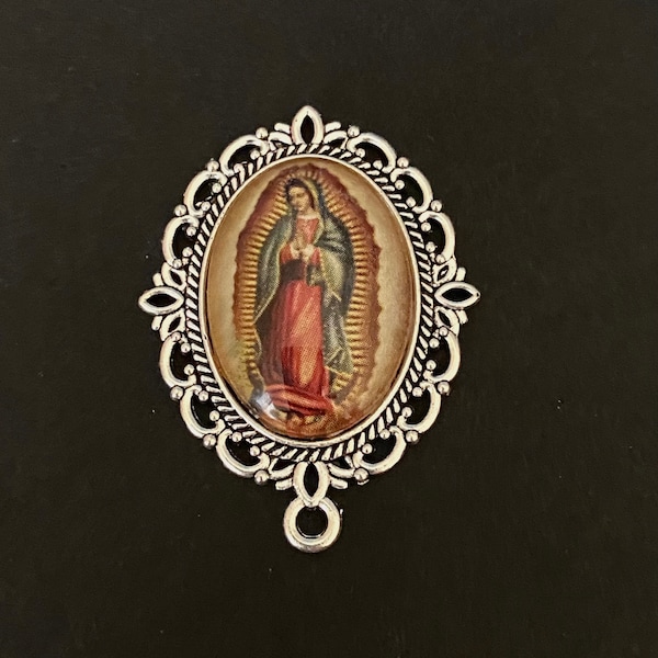 Our Lady of Guadalupe Large Rosary Centerpiece Silver Tone Style Connector 1 1/4 inch Virgin Mary Chaplet Center Piece Jewelry