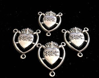 Sacred Heart Of Jesus Medals Rosary Centerpiece DARK SILVER MATTE Not shiny Set of 4 Medals Italy Double sided Medal