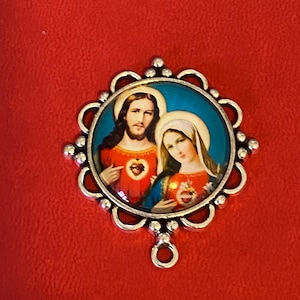 Immaculate Heart of  Madonna Sacred Heart Of Jesus Shimmer style LARGE Rosary Centerpiece SILVER Tone Vintage Style  Center Piece Connector
