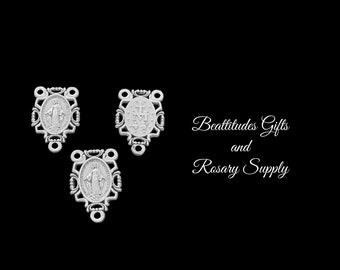 Madonna Miraculous Medal Rosary Center Set of 3 Centerpiece 1 inch tall Silver Tone Rosary connector