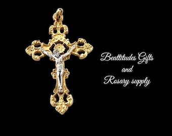 BEST QUALITY  Large Scrolling Jesus Crucifix Rosary Cross Two Tone Bright Gold tone Crucifix Pendant