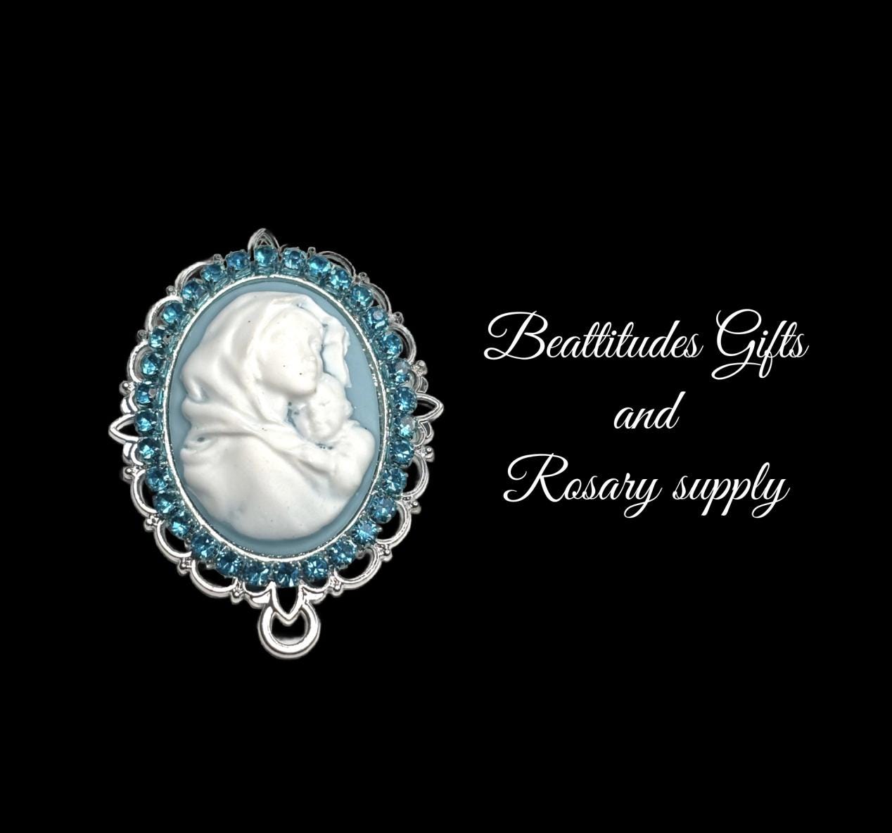 MADONNA and CHILD Light Blue Turquoise RHINESTONE Cameo Rosary
