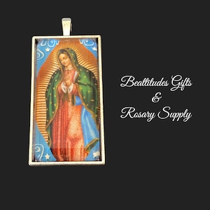 Our Lady of Guadalupe Large Pendant Rosary MEDAL  SILVER TONE Style Connector Virgin Mary Chaplet  Piece Jewelry