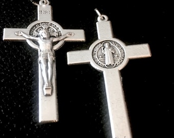 Saint Benedict Double sided Medal Crucifix  2 INCH Lot of 2 oxidized silver tone CROSS Protection  ITALY small