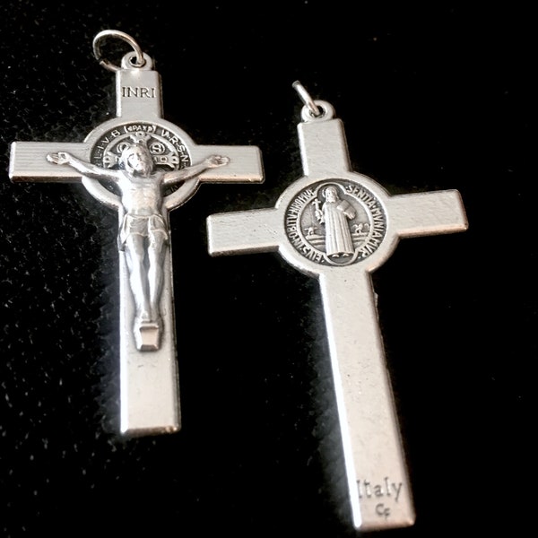 Saint Benedict Double sided Medal Crucifix  2 INCH Lot of 2 oxidized silver tone CROSS Protection  ITALY small