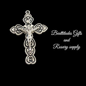 Ornate Heavy Jesus Crucifix Silver Tone Black Accents Rhinestone  3 inch Sturdy Rosary Cross Pendant Crucifixion Catholic Christian
