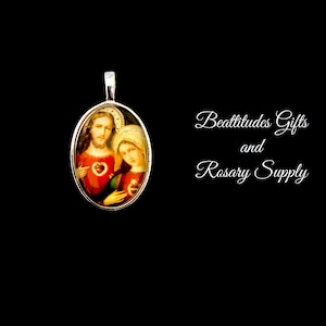 Twin Hearts Pendant Sacred Heart of Jesus Immaculate Heart of Mary CHAPLET MEDAL Rosary Dangle SILVERTONE Madonna Immaculate Heart