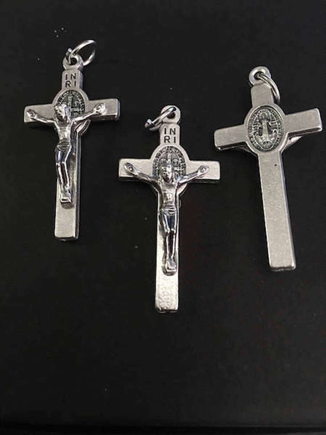 Lot of 3 Cross Saint Benedict Double Sided Medal Crucifix Silver Tone 1 ...
