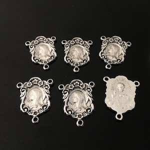 Madonna Roses Rosary Centerpiece VINTAGE style  Dark patina Lot of 6  Medal Virgin Mary Small Size Center for Chapelet Sacred Heart Backside