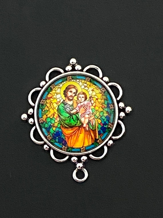 Saint Joseph Rosary LARGE Centerpiece SILVER TONE Chaplet Center