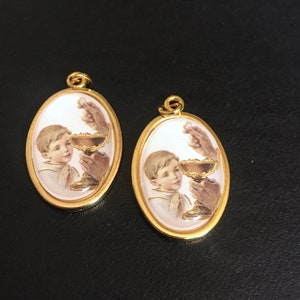 First Communion Boys  Medal Set of 2 Charms Gold Tone Italy Pendant Catholic Gift Gold Foil Accent