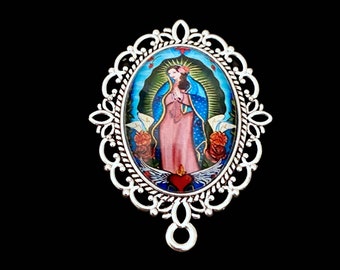Our Lady of Guadalupe Roses Large Rosary Centerpiece Silver tone Color Vintage style Connector Mary Chaplet Center Piece Jewelry