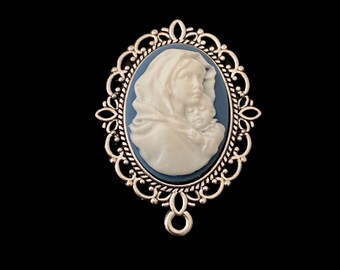 MADONNA and CHILD Cameo Silvertone Style Rosary Light Blue Centerpiece Large  Chaplet Center Piece Connector Virgin Mary Catholic parts