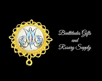 Our Lady of Grace Rosary Center Extra Large Size Hand Made Catholic Centerpiece Connector BRIGHT GOLD TONE