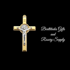 SALE AMAZING Large Saint Benedict Double sided Medal crucifix 2 Inch protection  ITALY Gold and Silver tone