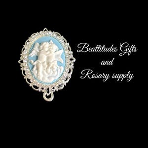 Guardian Angel Cherubs Rosary Center Rhinestone BLUE LARGE CAMEO Silver Tone Hand Made Centerpiece Connector Chaplet Center Rosary Parts