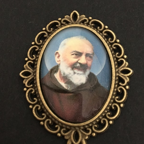 Saint Pio Rosary Centerpiece Bronze Color Vintage Style SHIMMER IMAGE Chaplet Center Piece Connector Catholic St. Mystic  Rosary Parts