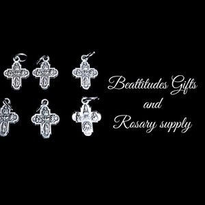 Jesus 4 way Cross Double Sided Miraculous Medal Dark accents  13/16  INCH  set of 6 Silver Tone Cross for Rosary or Pendant
