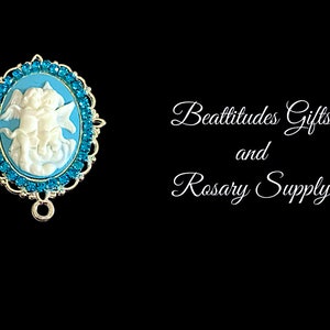 Guardian Angel Cherubs Rosary Center Rhinestone BLUE LARGE CAMEO Silver Tone Hand Made Centerpiece Connector Chaplet Center Rosary Parts