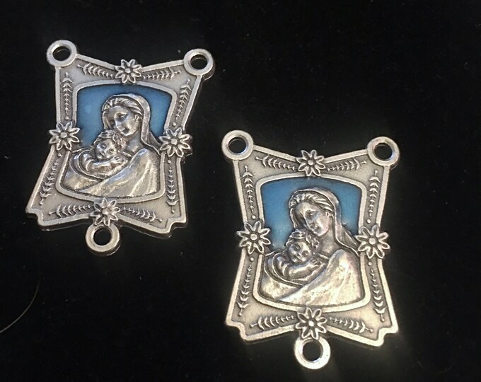 Madonna and Child Jesus Silver Tone Blue Enamel Rosary Centerpiece Lot ...