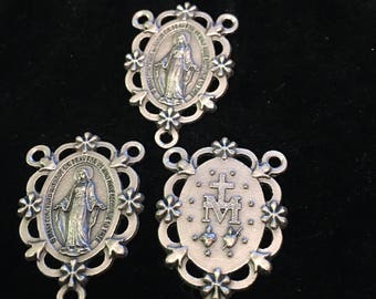 Miraculous Medal Madonna  Double Sided Rosary Centerpiece DARK PATINA VINTAGE look Lot of 3  Catholic Jewelry Virgin Mary