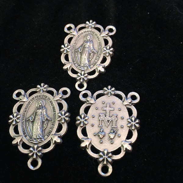 Miraculous Medal Madonna  Double Sided Rosary Centerpiece DARK PATINA VINTAGE look Lot of 3  Catholic Jewelry Virgin Mary