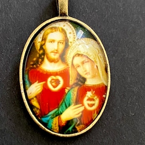Twin Hearts Pendant Sacred Heart of Jesus Immaculate Heart of Mary CHAPLET MEDAL Rosary Dangle