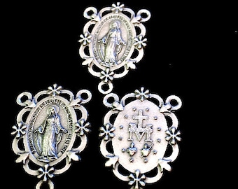 Miraculous Medal Madonna Double Sided Rosary Centerpiece Vintage style Grey Silver tone Set of 3  Catholic Jewelry Virgin Mary