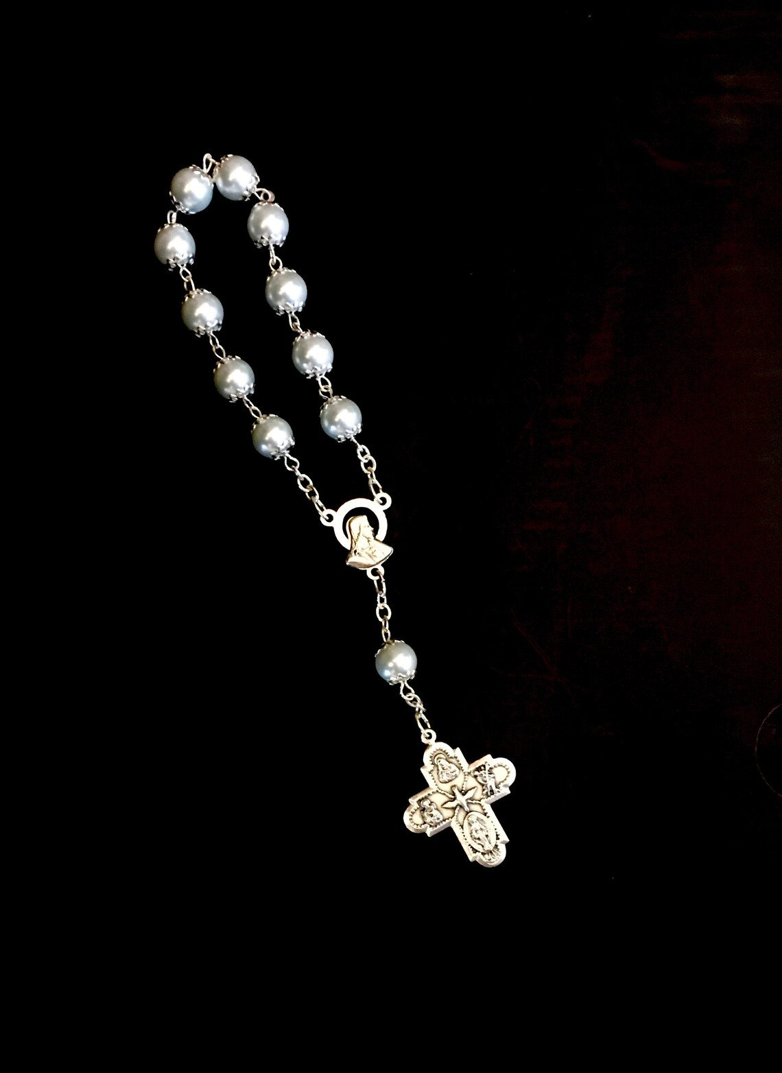 Blue Pearl Finger Rosary Catholic Gift Four Way Cross Chaplet Etsy