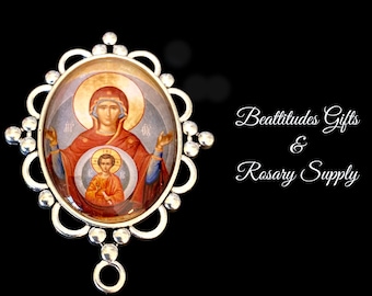Conector de centro de mesa de rosario de estilo bizantino de la VIRGEN Y EL NIÑO, tamaño EXTRA grande, pieza central de la Virgen María, joyería de coronilla