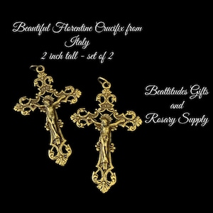 Lot of 2 Fleur Di Lis s LARGE Bright Brass tone vintage style Scrolling Jesus Crucifix Rosary Cross  Made in ITALY Crucifix Pendant