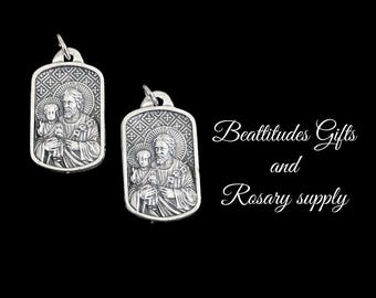 SAINT JOSEPH Medals Pendant ITALY Set of 2 Necklace or Rosary Dangle Silver Tone and Black accents