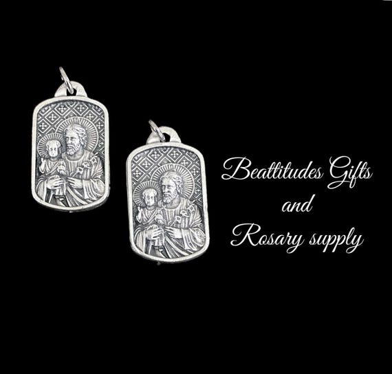 SAINT JOSEPH Medals Pendant ITALY Set of 2 Necklace or Rosary Dangle Silver Tone and Black accents