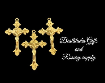 Jesus Crucifix for Rosary or Pendant Bright Gold tone Cross  2 inch SET OF 3 Pendant or Jewelry Christian Catholic