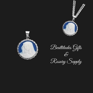 Madonna Blessed Mother Medal Dark Blue Sterling Silver Cameo  Medal Pendant Catholic Madonna Virgin Mary Pendant