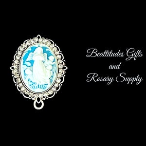 Guardian Angel Rosary Center Rhinestone BLUE LARGE CAMEO Silver Tone Hand Made Centerpiece Angel Connector Chaplet Center Rosary Parts