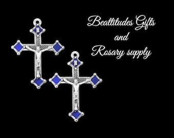 JESUS Cross Crucifix Set of 2 Medium size  Blue and Silver Tone Rosary Pendant or Jewelry Making
