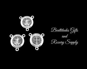 Saint Benedict Rosary Center Piece with Cross  Set OF 3 Double sided Medal Connector Center piece Rosary Parts