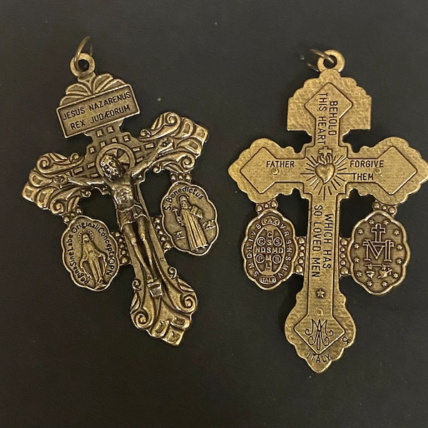 Pardon Crucifix Set of 2 Cross SPECIAL ITALY Brass tone Dark Antique Accents Miraculous Medals Saint Benedict Rosry Cross or Jewelry Pendant