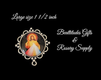 Rosario de la DIVINA MISERICORDIA JESÚS, pieza central, oración católica, tono plateado, pieza central, conector, centro de joyería de Jesús, piezas para rosario