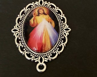 DIVINE MERCY JESUS Rosary Centepiece Catholic Prayer Silver tone Style Center Piece Chaplet Connector Jesus Jewelry Center Rosay Parts