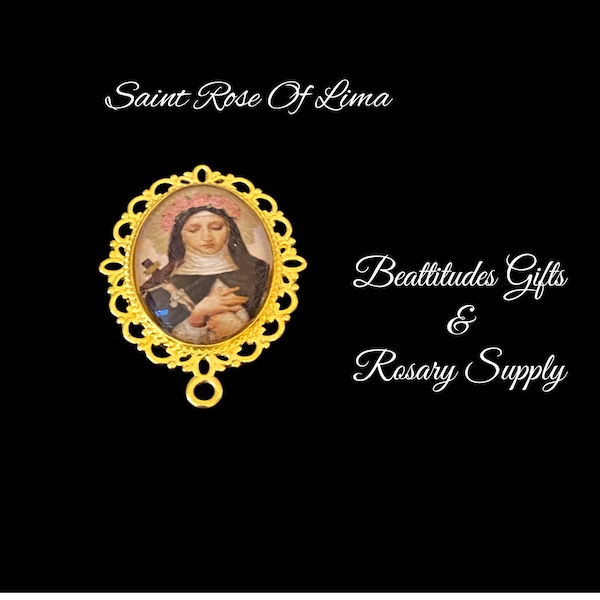 Saint Rose of Lima  Bright Gold Tone Rosary Centerpiece Extra Large Center Rosary parts Jewelry ROSE OF LIMA