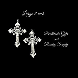 Set of 2 Scrolling LEAF Large Scrolling Jesus Crucifix Rosary Cross Made in ITALY SILVER tone Crucifix Pendant