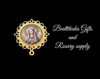 Madonna Queen of Heaven Roses Rosary Center Extra Large Size  Catholic Centerpiece GOLD Style VIntage look Center Piece