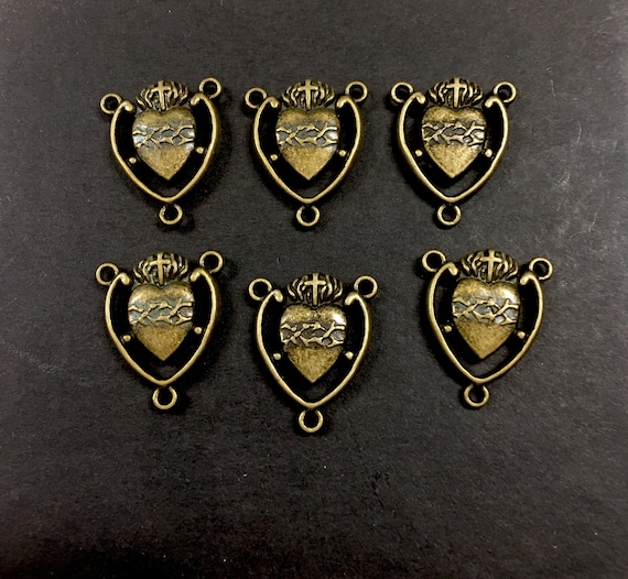 Sacred Heart Of Jesus Medals Rosary Centerpiece Brass Style Vintage look Lot of 6 Medals Italy Double sided Medal