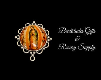 Our Lady of Guadalupe  Large Rosary Centerpiece SILVER TONE Style Connector Virgin Mary Chaplet Center Piece Jewelry