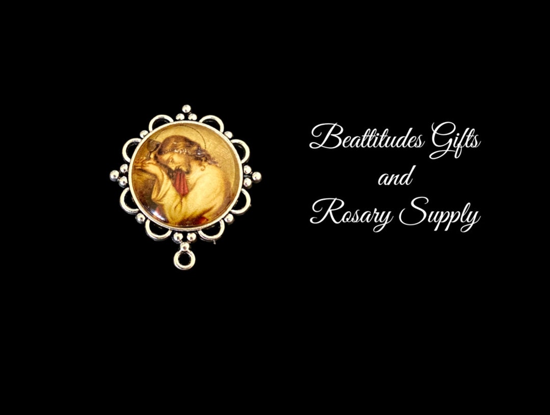 Jesus Vintage Style Photo Rosary Centerpiece SILVER Tone Christian