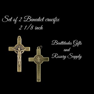 Benedict Double sided Medal crucifix  Set of 2  Brass Color  2 inch Protection  ITALY Sturdy Cross Catholic Rosary Parts Pendant
