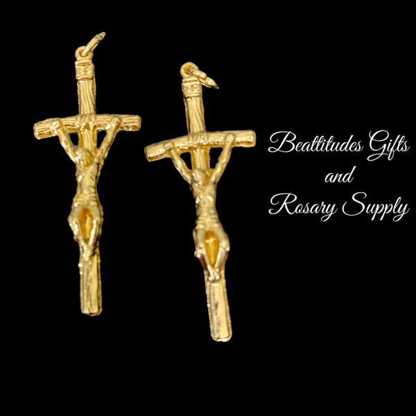 Jesus On Wooden Cross Papal Crucifix  Rosary or Pendant Christian Cross Pope John Paul Cross Gold Tone